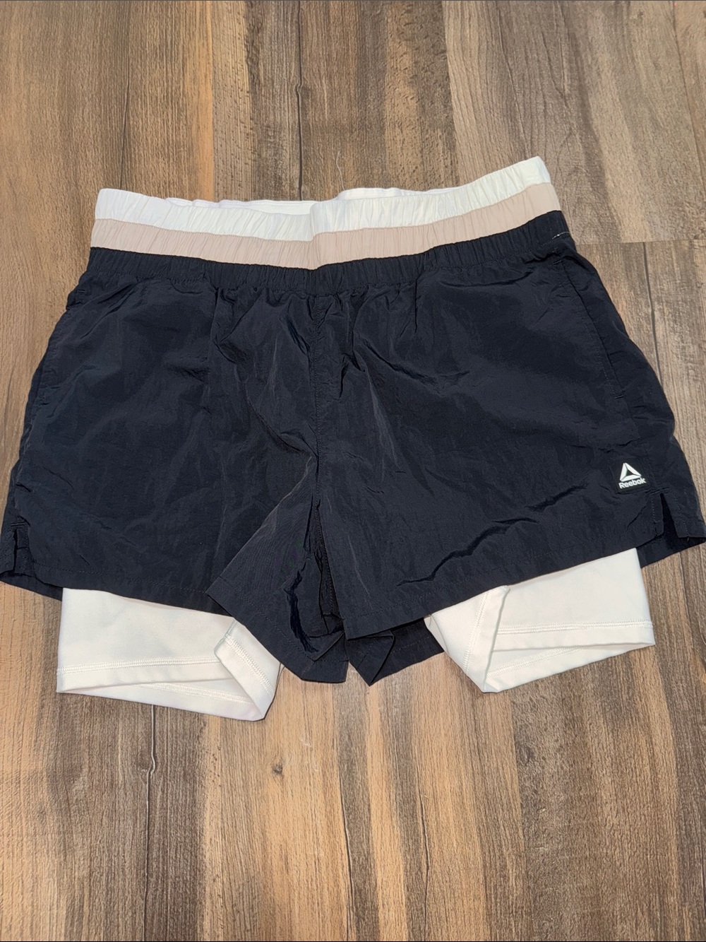 Reebok Black Athletic Shorts with White Inner Liner and Tan Waistband